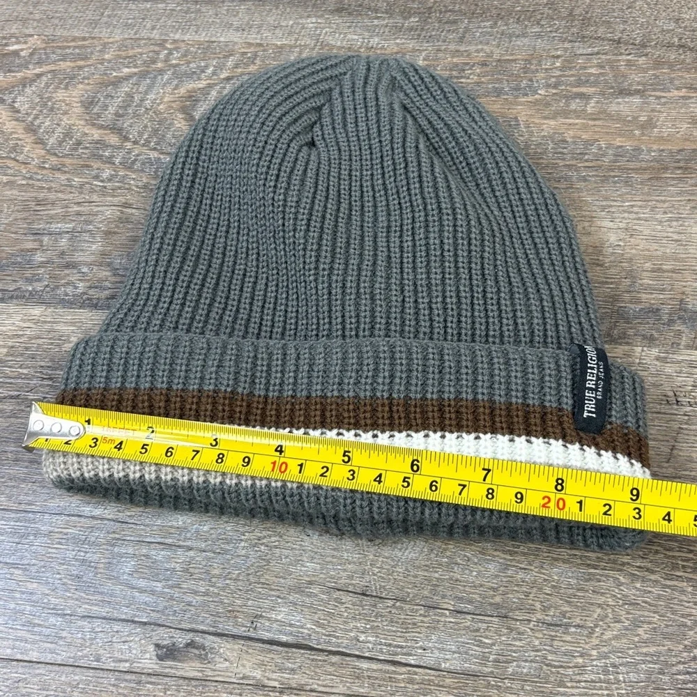 True Religion Sherpa Lined Knit Beanie Hat | Gray Cream Brown | Winter Cap